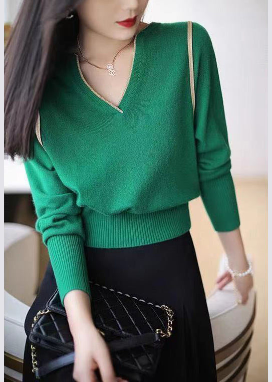 Green Patchwork Loose Knit Top V Neck Long Sleeve