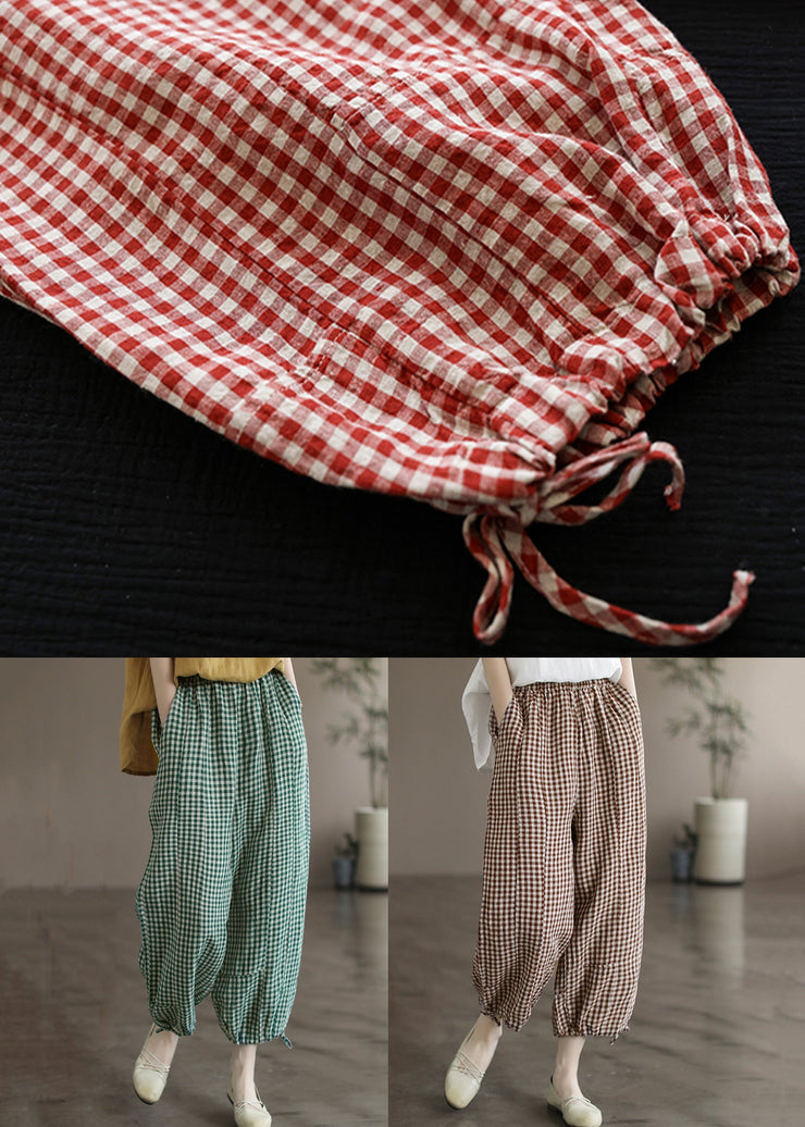 Green Plaid Lace Up Linen Crop Pants High Waist Summer