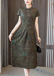 Green Pockets Long Dresses Stand Collar Short Sleeve