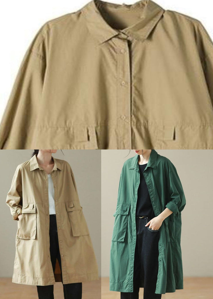 Green Pockets Patchwork Button Mid Trench Coat Fall