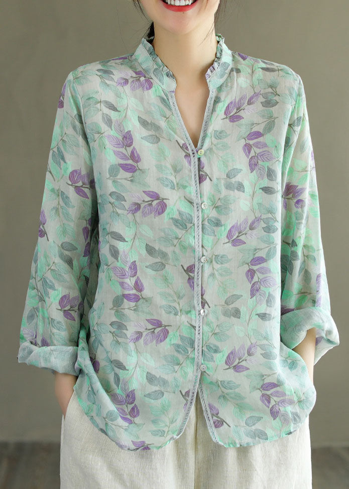 Green Print Patchwork Linen Top V Neck Ruffled Button Long Sleeve