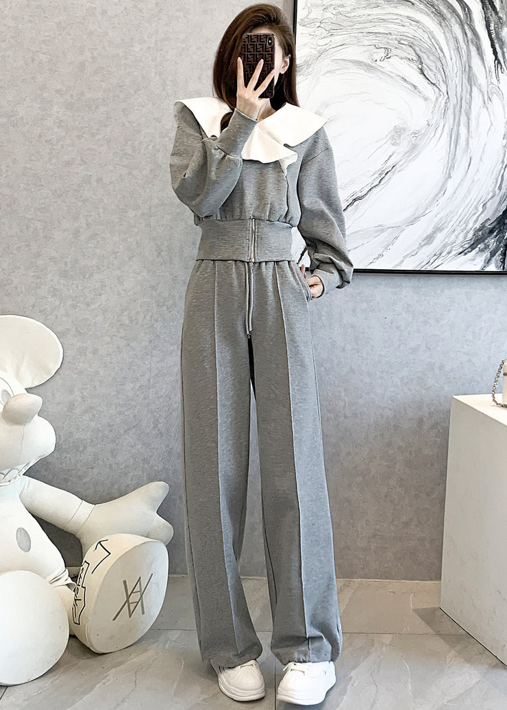 Grey Casual Cotton Tops And Pants Sport Suit Ruffled Spring