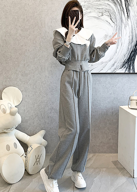 Grey Casual Cotton Tops And Pants Sport Suit Ruffled Spring