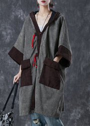 Grey Patchwork Warm Fleece Corduroy Trench Hooded Pockets Spring