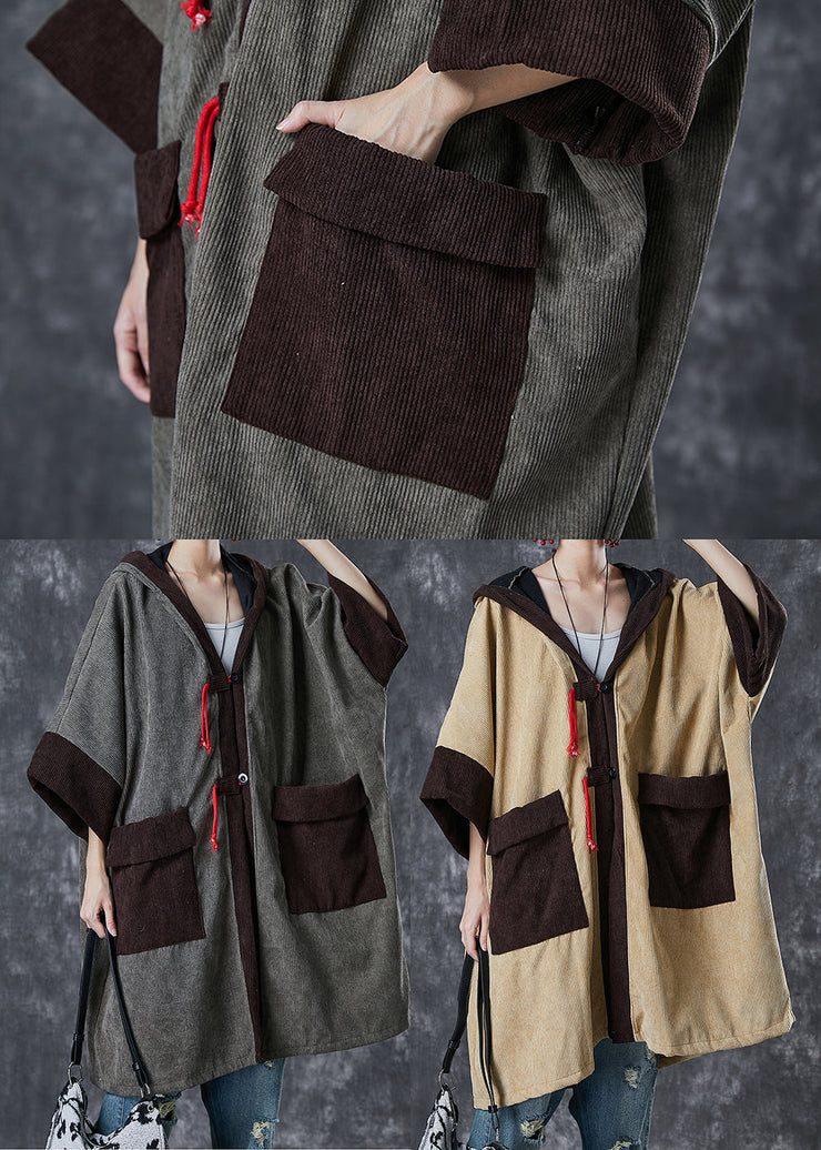 Grey Patchwork Warm Fleece Corduroy Trench Hooded Pockets Spring