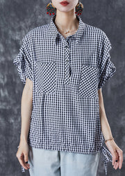 Grey Plaid Cotton Shirt Oversized Drawstring Summer