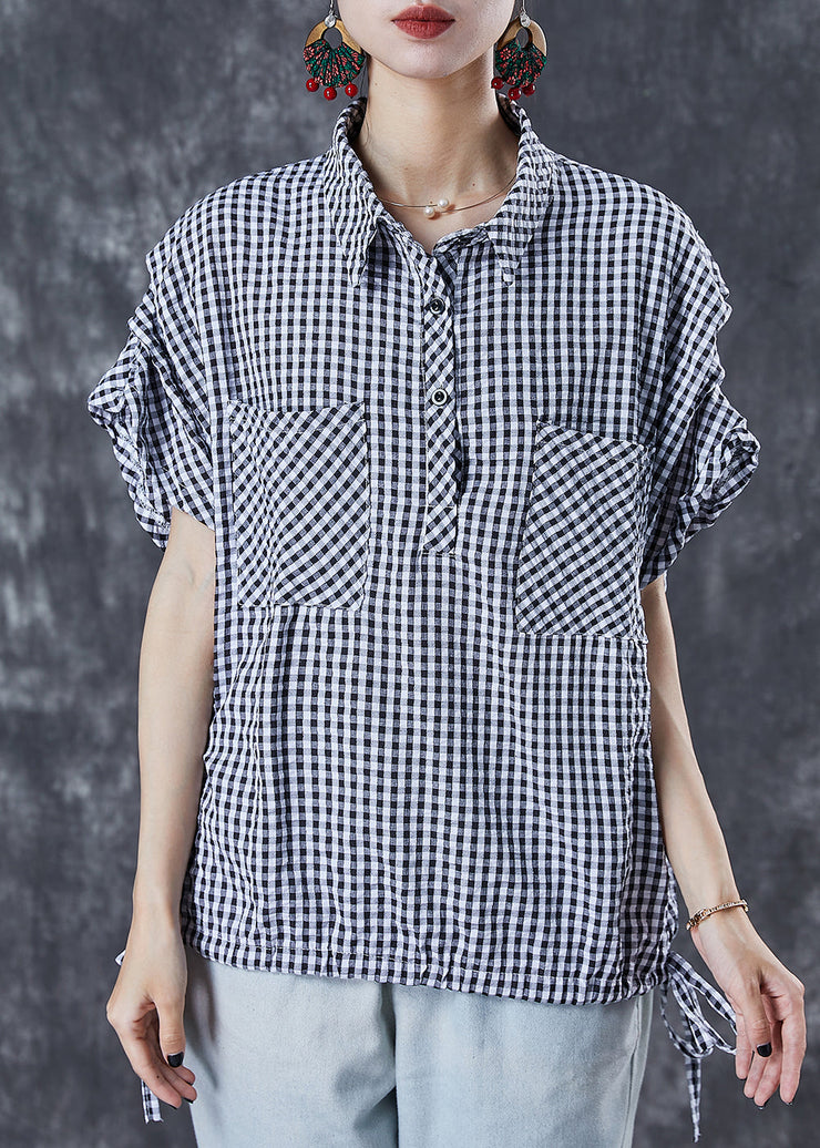 Grey Plaid Cotton Shirt Oversized Drawstring Summer