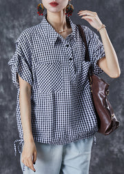 Grey Plaid Cotton Shirt Oversized Drawstring Summer