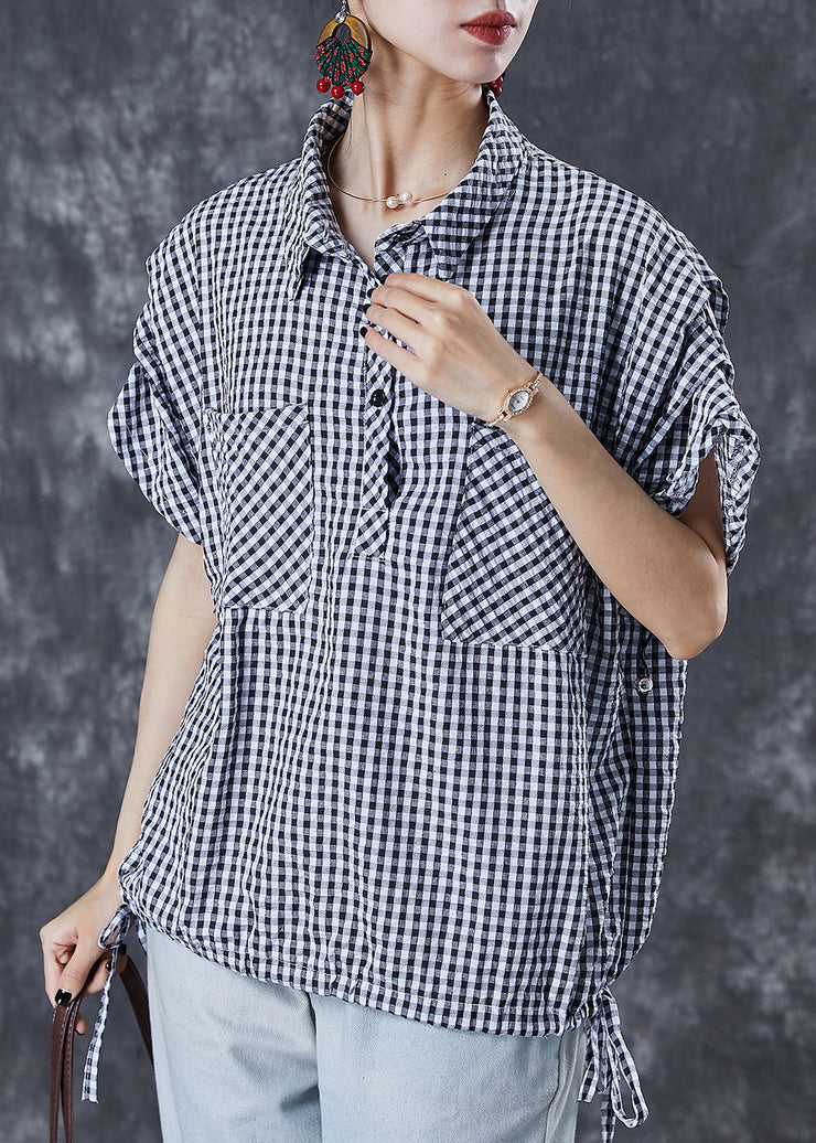 Grey Plaid Cotton Shirt Oversized Drawstring Summer