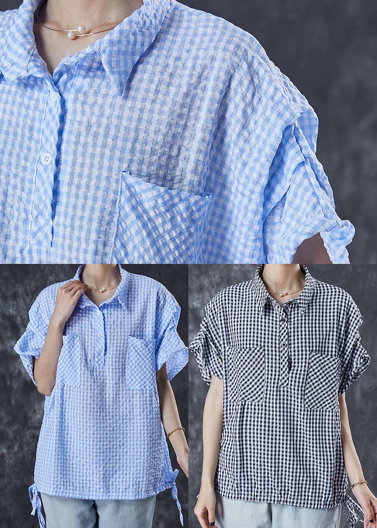 Grey Plaid Cotton Shirt Oversized Drawstring Summer