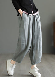 Grey Pockets Elastic Waist Loose Linen Pants Summer