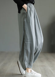 Grey Pockets Elastic Waist Loose Linen Pants Summer