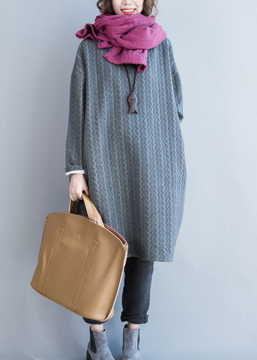 Grey Pockets Thick Cotton Dress O Neck Long Sleeve