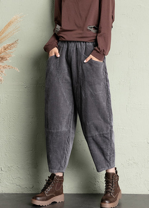 Grey Solid Loose Corduroy Crop Pants High Waist Spring