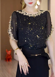 Handmade Black O-Neck Floral Lace Patchwork Chiffon Shirt Summer