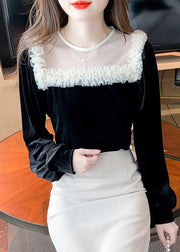 Handmade Black Square Collar Tulle Patchwork Velour Top Bottoming Shirt