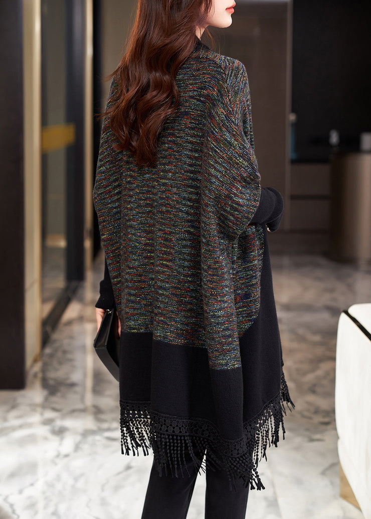 Handmade Black Tasseled Patchwork Knit Cardigan Batwing Sleeve