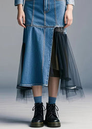 Handmade Blue Asymmetrical Patchwork Tulle Denim Wraped Skirt Spring