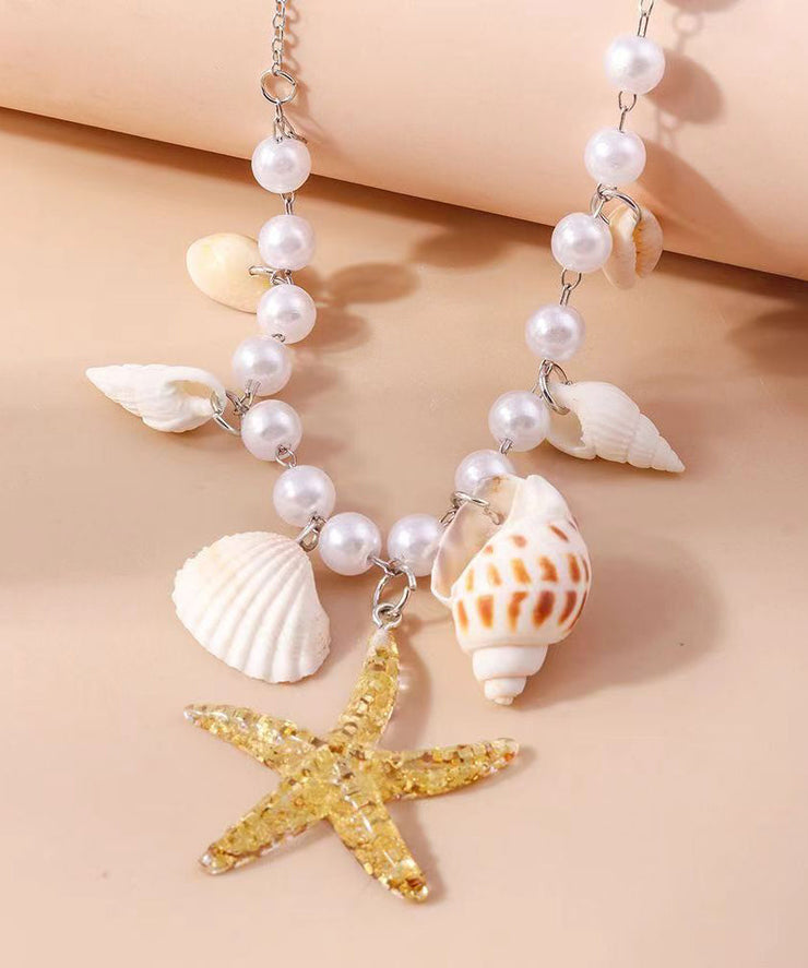 Handmade Blue Stainless Steel Pearl Shells Starfish Pendant Necklace