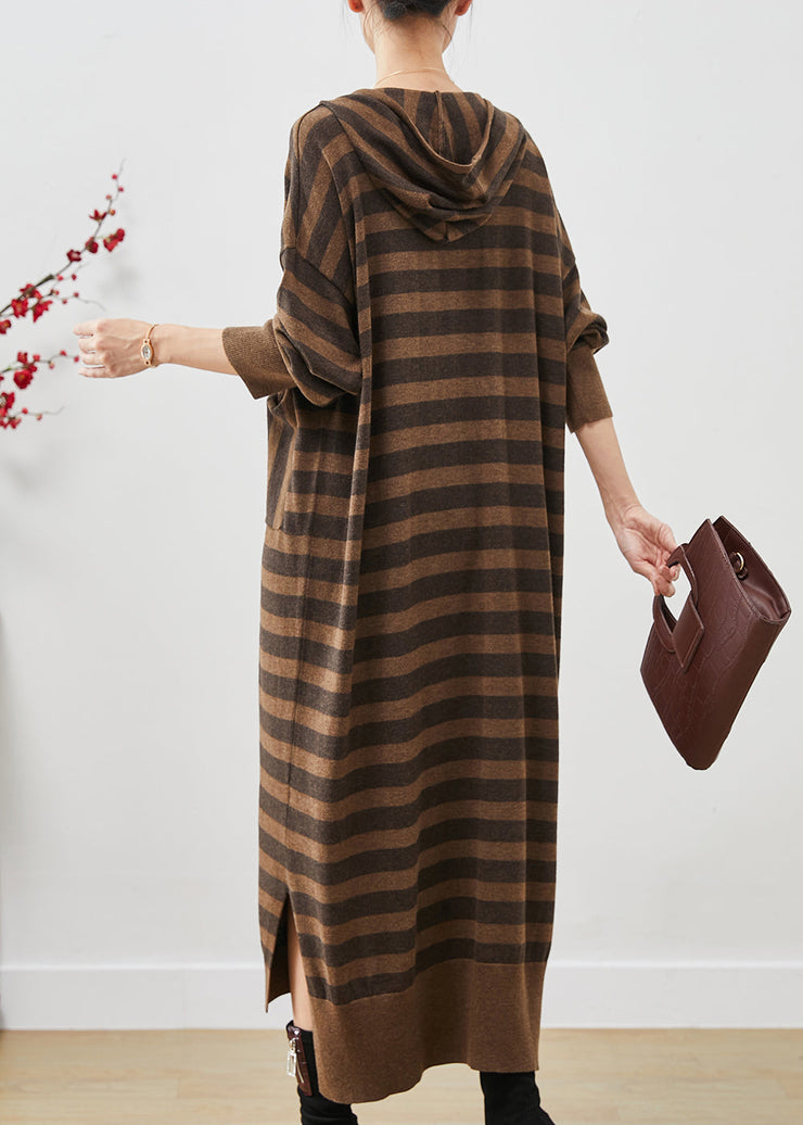 Handmade Brown Oversized Striped Cotton Vacation Dresses Spring