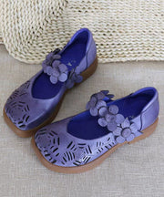 Handmade Cowhide Leather Purple Walking Sandals Hollow Out Floral