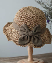 Handmade Khaki Bow Straw Woven Bucket Hat