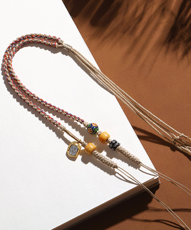 Handmade Khaki Cloisonne Barrel Bead Tassel Lariat Necklace