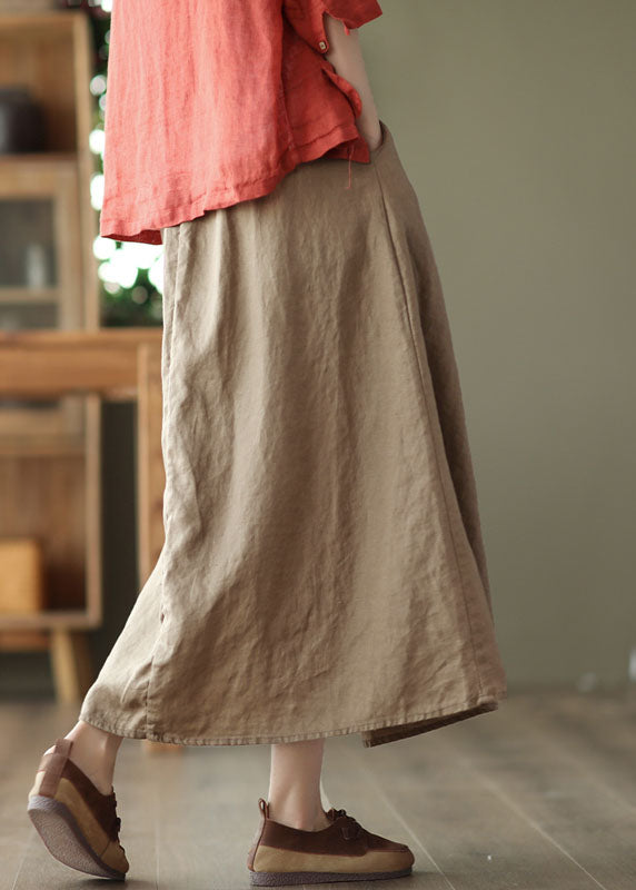 Handmade Khaki Elastic Waist Patchwork Linen Skirt Summer