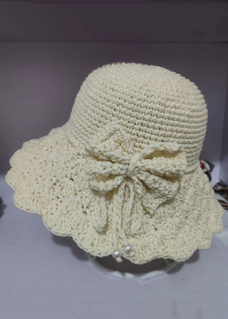 Handmade Khaki Lace Patchwork Bow Knit Blended Bonnie Hat