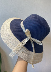 Handmade Khaki Lace Patchwork Bow Straw Woven Floppy Sun Hat