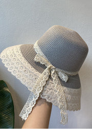 Handmade Khaki Lace Patchwork Bow Straw Woven Floppy Sun Hat