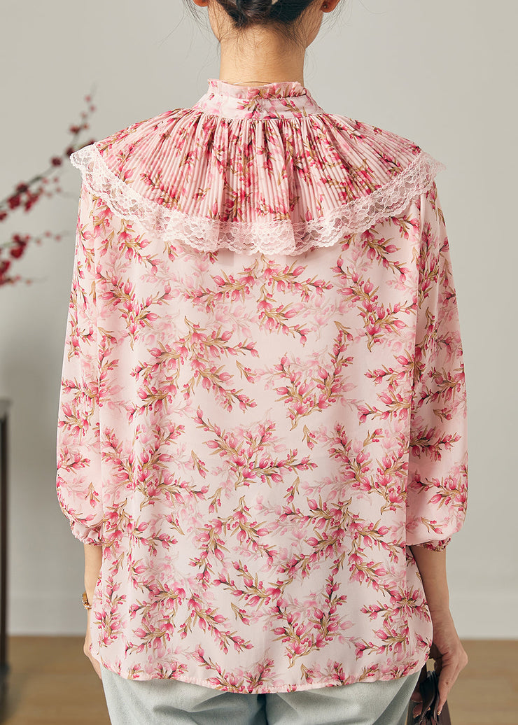 Handmade Pink Double-layer Print Chiffon Top Summer