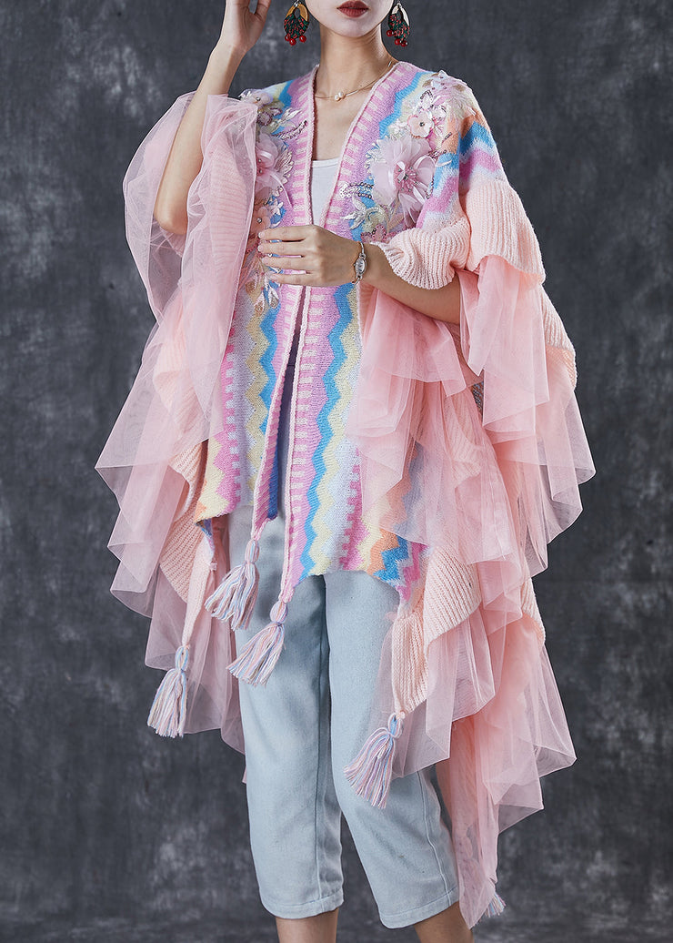 Handmade Pink Ruffles Patchwork Print Knit Shawl Spring