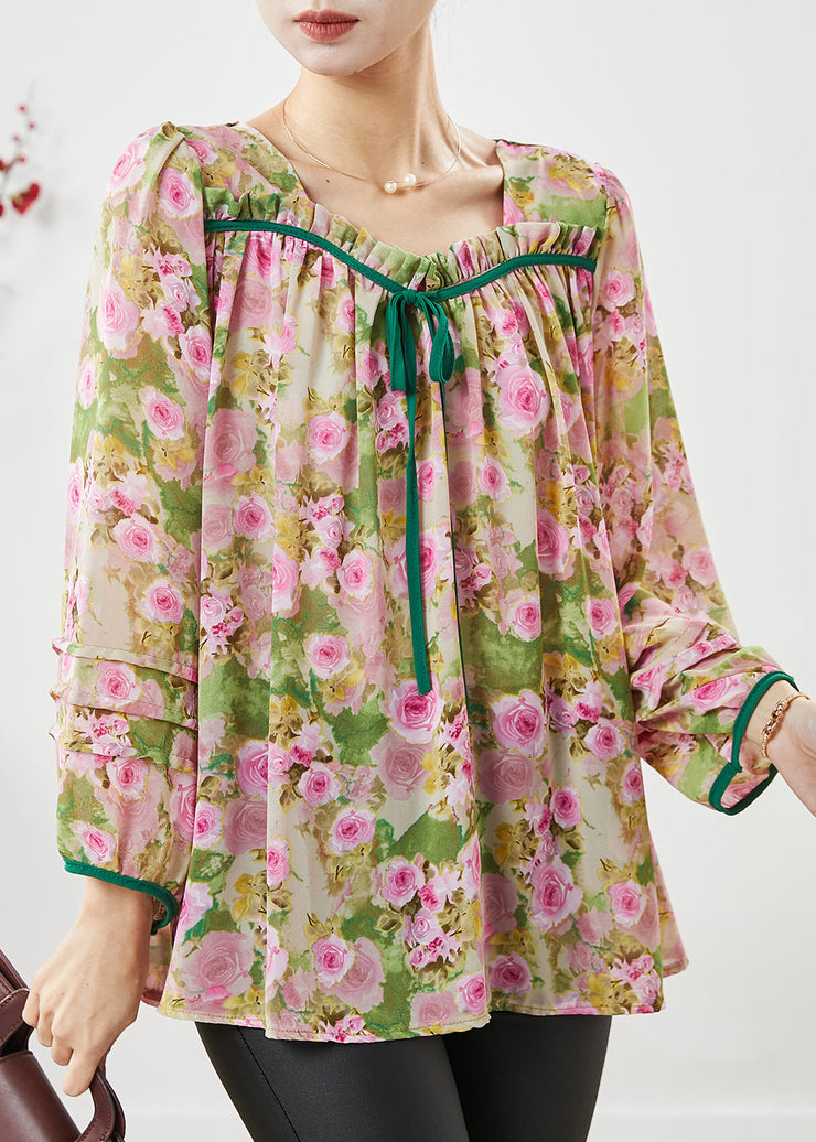 Handmade Pink Square Collar Floral Print Chiffon Shirts Spring