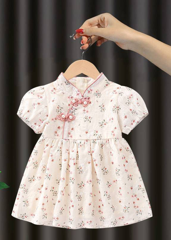 Handmade Pink Stand Collar Print Kids Maxi Dresses Short Sleeve