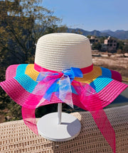 Handmade Rainbow Stripe Straw Woven Floppy Sun Hat