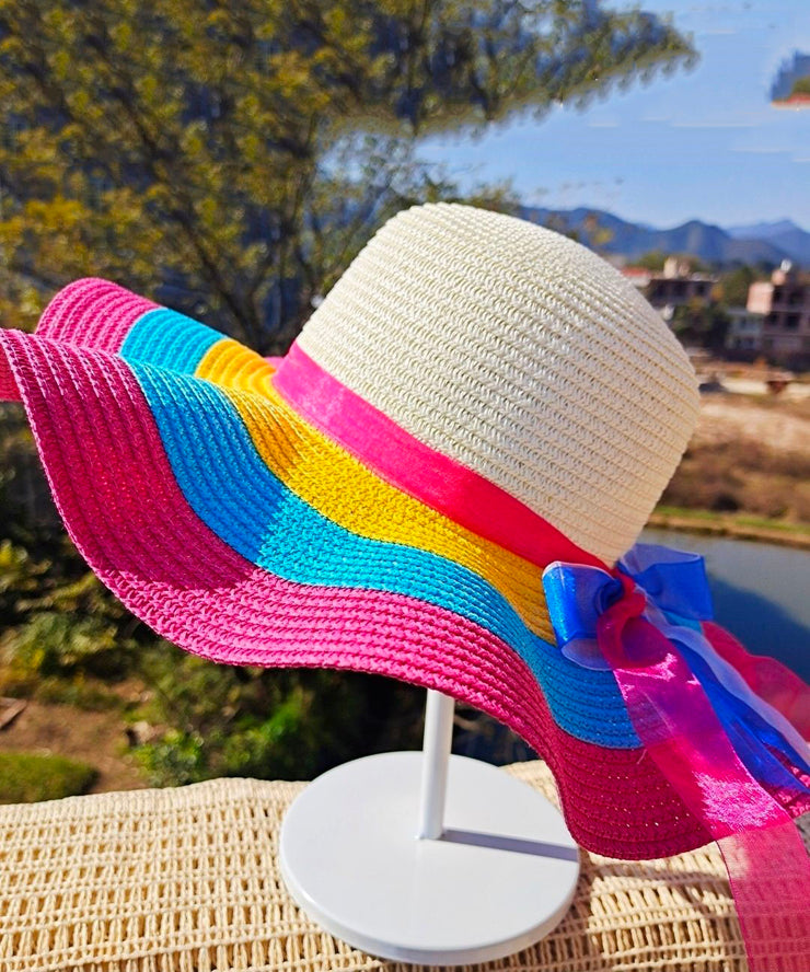 Handmade Rainbow Stripe Straw Woven Floppy Sun Hat