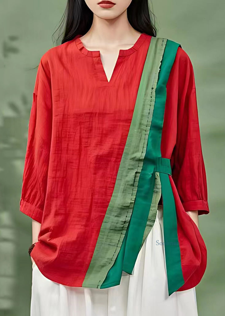 Handmade Red O-Neck Asymmetrical Patchwork Top Full