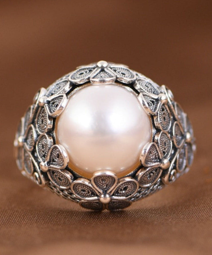 Handmade Silk Sterling Silver Inlaid Pearl Floral Rings