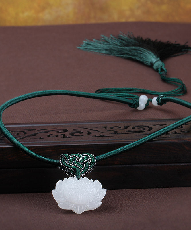 Handmade White Jade Lotus Tassel Pendant Necklace