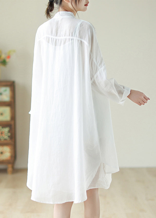 Handmade White Stand Collar Tie Waist Low High Design Long Dress Long Sleeve