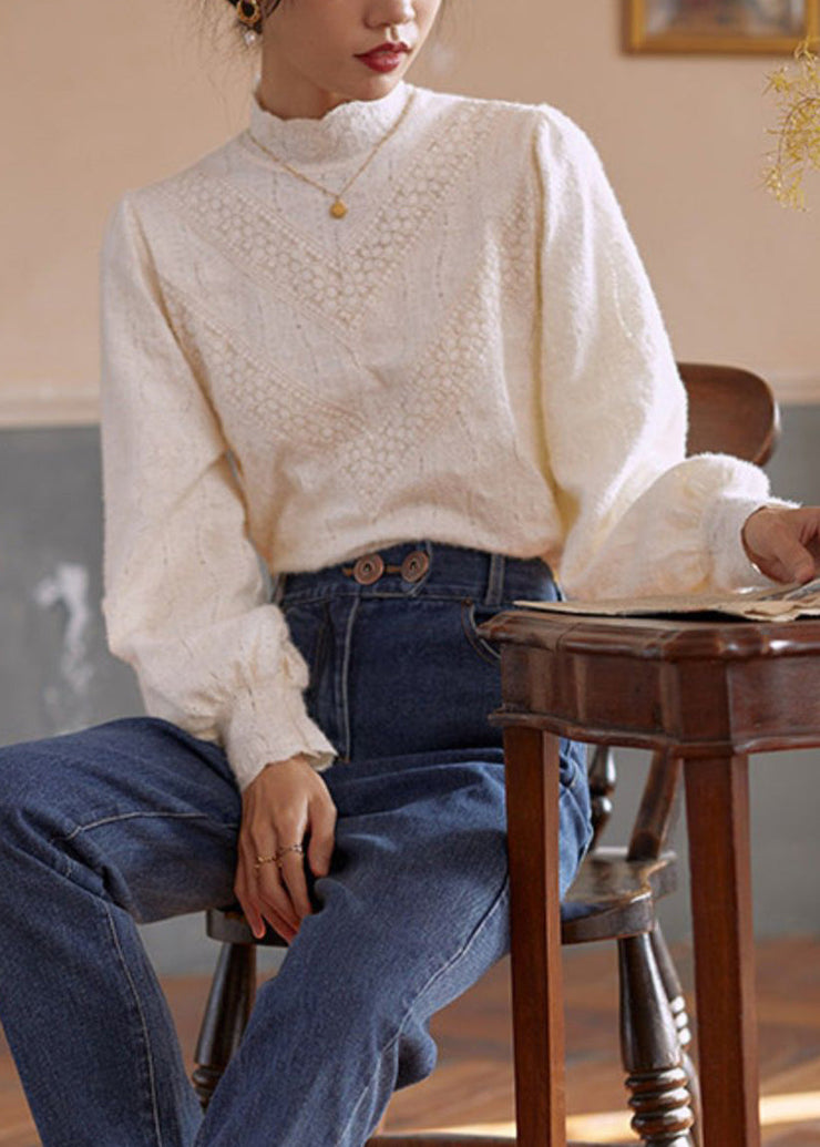 Italian Beige Hollow Out Lace Warm Fleece Top Long Sleeve