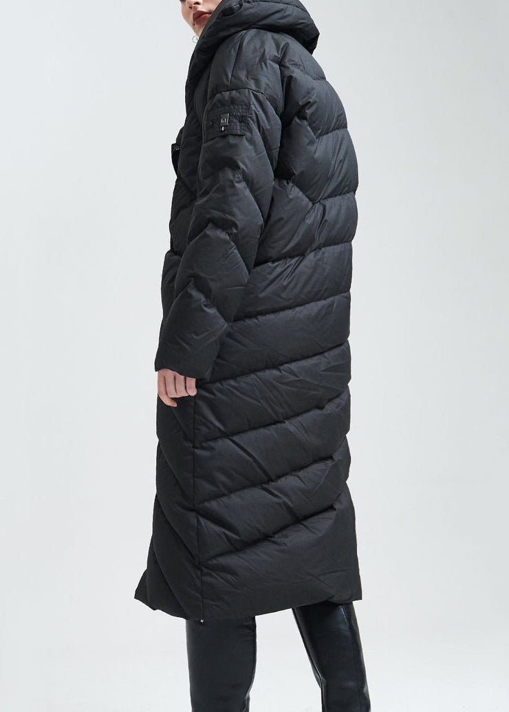 Italian Black Asymmetrical Zippered Duck Down Coat Winter