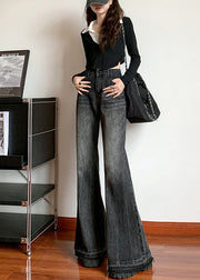 Italian Black High Waist Pockets Denim Flare Bottoms Spring