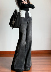 Italian Black High Waist Pockets Denim Flare Bottoms Spring