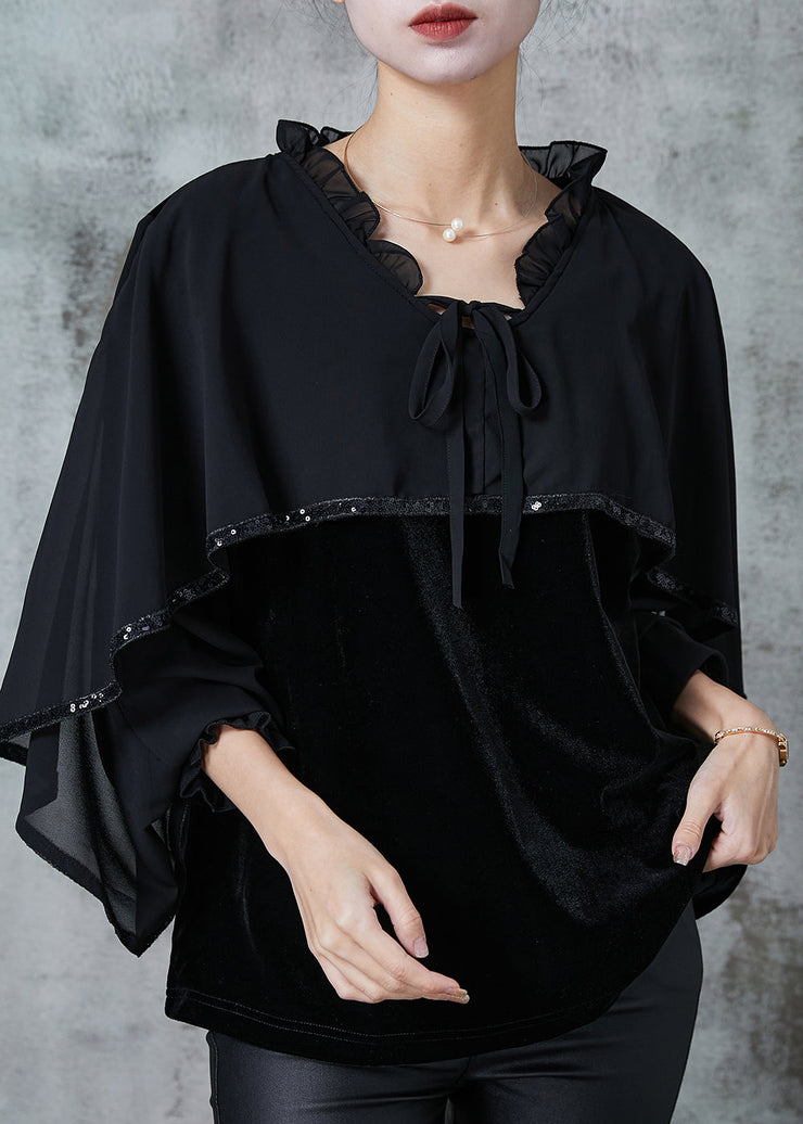 Italian Black Ruffled Patchwork Silk Velour Top Cloak Sleeves