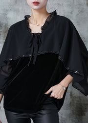 Italian Black Ruffled Patchwork Silk Velour Top Cloak Sleeves