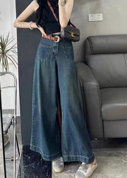 Italian Blue Pockets High Waist Denim Wide Leg Pants Spring