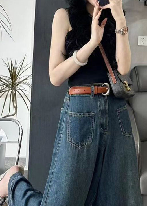 Italian Blue Pockets High Waist Denim Wide Leg Pants Spring