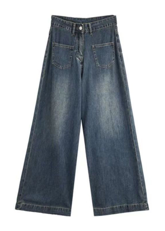 Italian Blue Pockets High Waist Denim Wide Leg Pants Spring